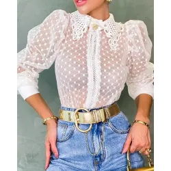 Puff Sleeve Lace Sheer Mesh Patch Shirt