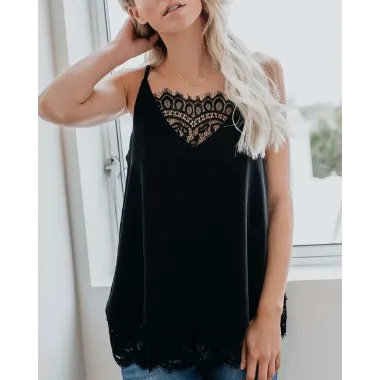 Pure Color Sexy Lace Strap Lace V-neck T-shirt