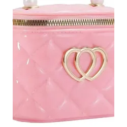 Quilted Double Heart Beaded Strap Bucket Handbag