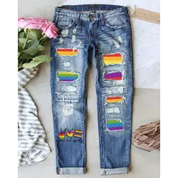 Rainbow Stripe Graphic Heart Letter Print Patchwork Ripped Jeans