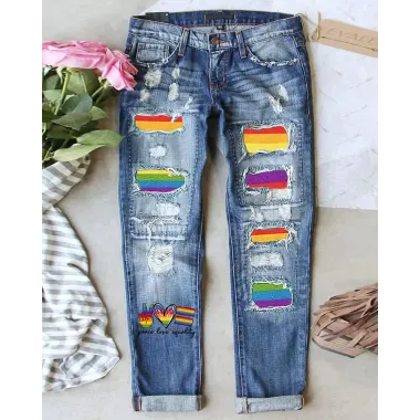 Rainbow Stripe Graphic Heart Letter Print Patchwork Ripped Jeans