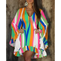 Rainbow Stripe Print Ruffles Bell Sleeve Casual Dress