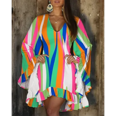 Rainbow Stripe Print Ruffles Bell Sleeve Casual Dress