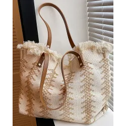 Raw Hem Large Capacity Braided Tote Bag