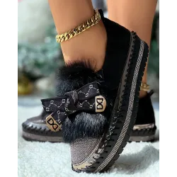 Rhinestone Bowknot Design Platform Fuzzy Slip-On Loafers