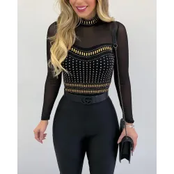 Rhinestone Decor Sheer Mesh Long Sleeve Top