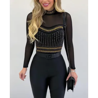 Rhinestone Decor Sheer Mesh Long Sleeve Top