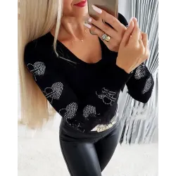 Rhinestone Heart Pattern Long Sleeve Top