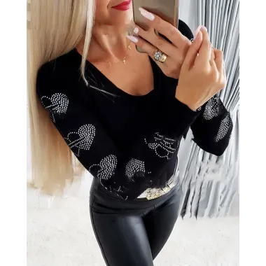 Rhinestone Heart Pattern Long Sleeve Top