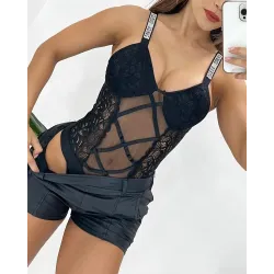 Rhinestone Letter Pattern Lace Patch Sheer Mesh Bodysuit