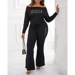 Rhinestone Letter Pattern Off Shoulder Jumpsuit