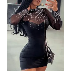 Rhinestone Sheer Mesh Patchwork Bodycon Dress