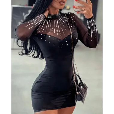 Rhinestone Sheer Mesh Patchwork Bodycon Dress