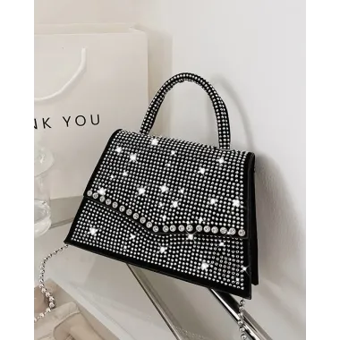 Rhinestone Studded Beaded Strap Magnetic Satchel Bag