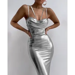 Ruched Metallic PU Leather Bodycon Dress