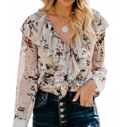 Ruffle Detail Long Sleeve Floral Blouse