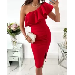 Ruffle Hem One Shoulder Slit Party Dress