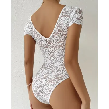 Scallop Trim Backless Crochet Lace Bodysuit