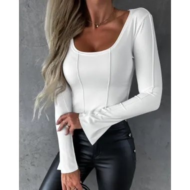 Scoop Neck Bell Sleeve Piping Top