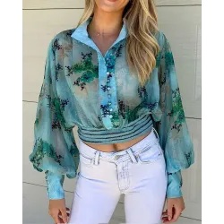 See Through Mesh Floral Print Button Up Crop Top