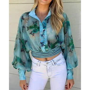 See Through Mesh Floral Print Button Up Crop Top