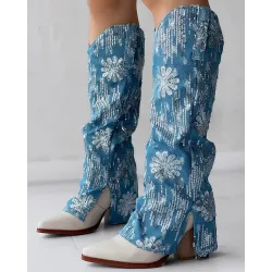 Sequin Floral Pattern Slit Chunky Heel Denim Boots