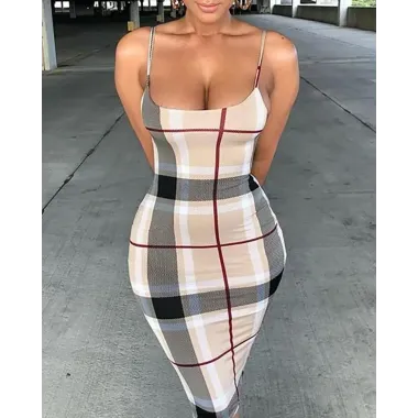 Sexy Grid Spaghetti Strap Midi Dress