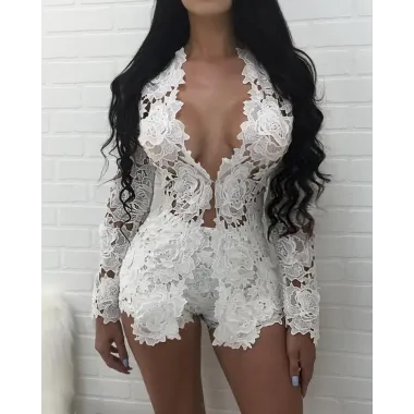 Sexy Open Front Lace Crochet Short Twinset