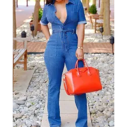 Sexy Tied Waist Pocket Denim Jumpsuits