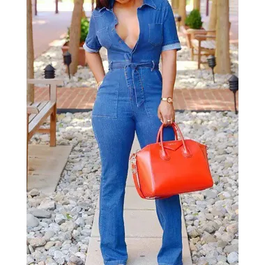 Sexy Tied Waist Pocket Denim Jumpsuits