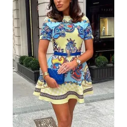 Short Sleeve Paisley Print Dress