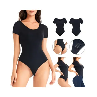 Short Sleeve Tummy Control Crotchless Shapewear Bodysuit