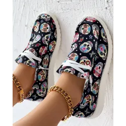 Skull Print Lace-up Casual Slip-On