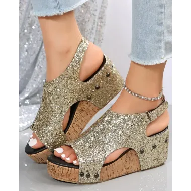 Slingback Peep Toe Glitter Wedge Sandals