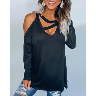 Solid Cold Shoulder Cut Out Long Sleeve Casual Blouse