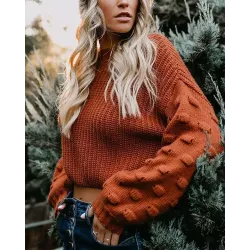 Solid Long Sleeve Loose Knitted Cropped Sweater