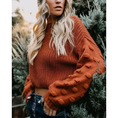 Solid Long Sleeve Loose Knitted Cropped Sweater