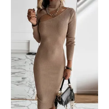 Solid Long Sleeve Skinny Midi Dresses