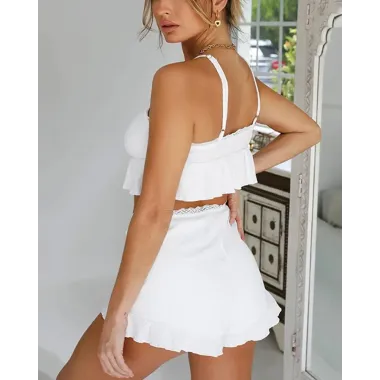 Solid Strap Strappy Ruffles Contrast Tanks With Shorts Suit Sets