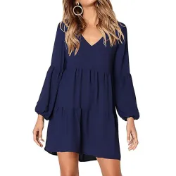 Solid V-Neck Long Sleeve Casual Dress