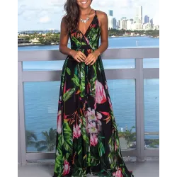 Spaghetti Strap Tropical Print Maxi Dress