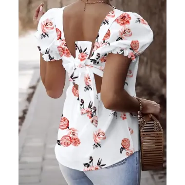 Square Neck Hollow-out  Knot Back Bubble Sleeve Floral Print Blouse