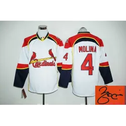 St. Louis Cardinals #4 Yadier Molina White Long Sleeve Stitched Signature Edition Jersey