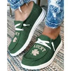 St. Patrick\'s Day Letter Lucky Clover Print Lace-up Loafers