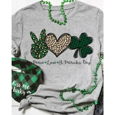 St. Patrick's Day Lucky Shamrock Heart Print Casual T-shirt