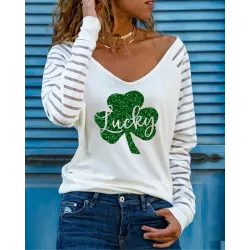 St. Patrick\'s Day Lucky Shamrock Print Contrast Mesh Long Sleeve Top