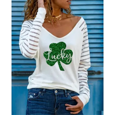 St. Patrick's Day Lucky Shamrock Print Contrast Mesh Long Sleeve Top