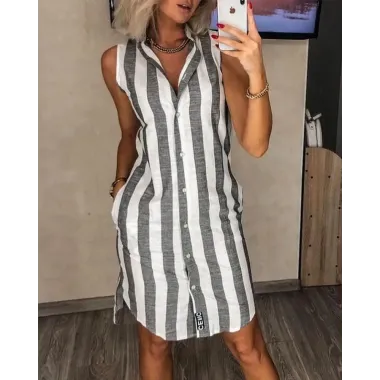 Stripe Print V-neck Button Straight Vest Shirt Dress