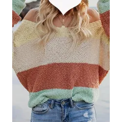 Striped Color Block Off Shoulder Long Sleeve Loose Sweater