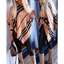 Striped Colorblock Mock Neck Knit Poncho Sweatshirt